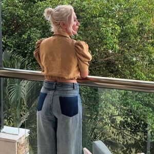 Tan Cropped Jacket with Blue Patchwork Jeans